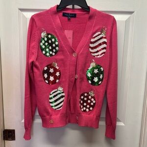 Simply Southern  Pink Cardigan with Festive Sequin Ornament Design Medium New